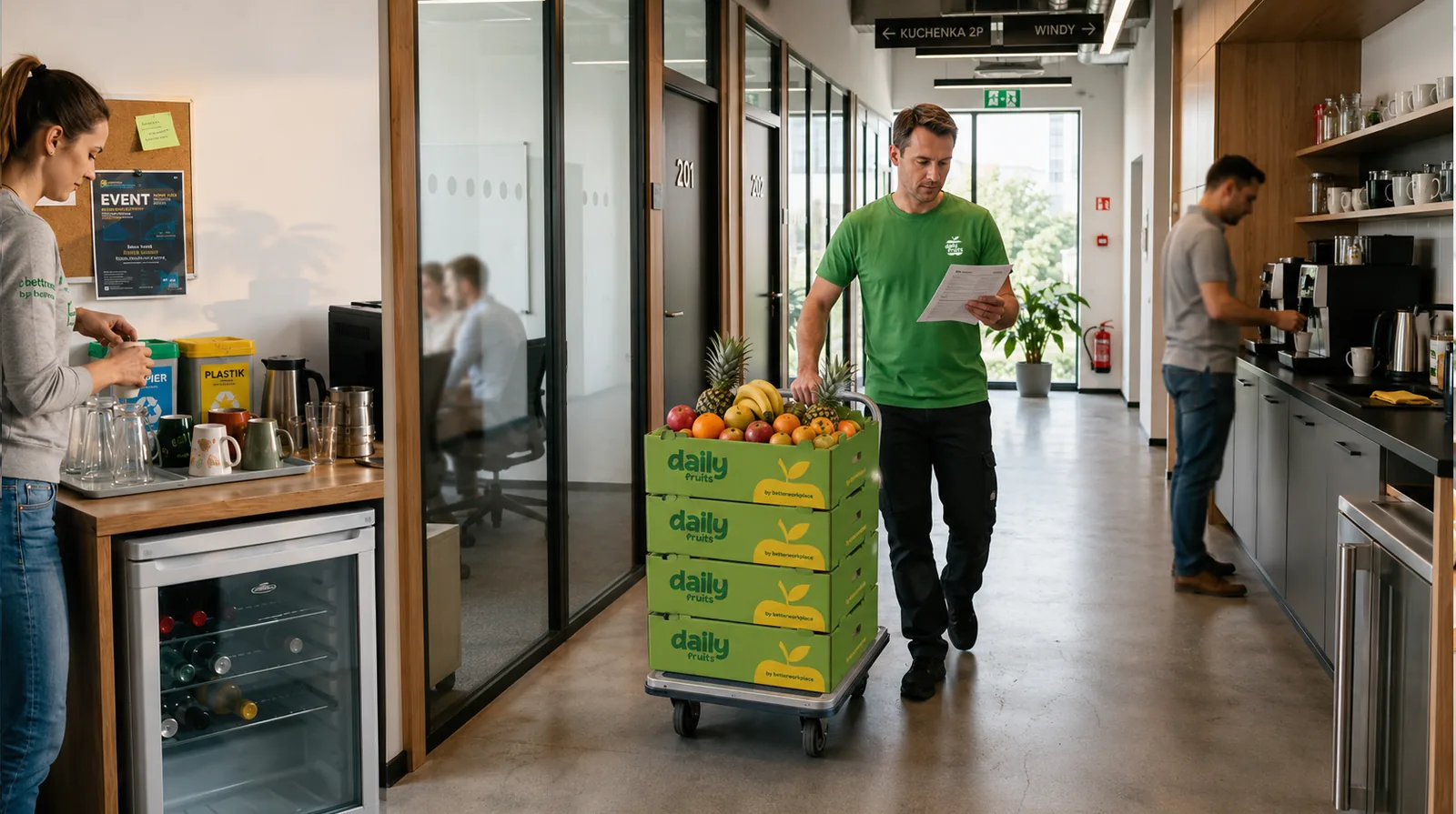 Kurier DailyFruits wwozi skrzynki ze świeżymi owocami do biura
