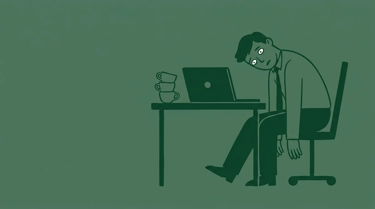 Ilustracja: wyczerpany pracownik przy biurku z pustymi kubkami po kawie