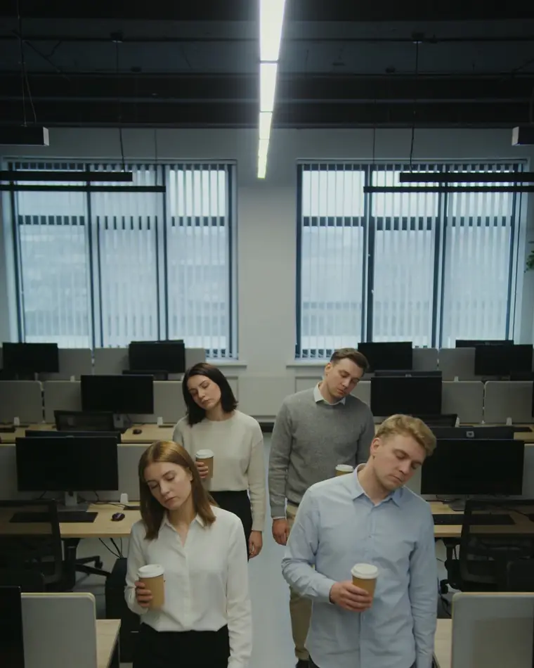 Grupa pracowników idzie przez biuro z kubkami kawy